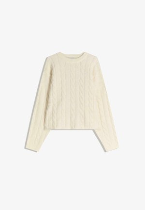 Maglione a trecce color crema con maniche lunghe e scollatura rotonda, mostrato disteso su uno sfondo bianco.