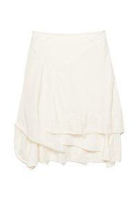 Gonna avvolgente bianca con design a strati, caratterizzata da dettagli in pizzo testurizzato lungo l'orlo, tessuto morbido e una silhouette fluida.