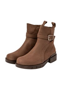 Botas de tobillo marrones de cuero con un acabado texturizado, que cuentan con una correa lateral y hebilla plateada, y una suela de goma resistente.
