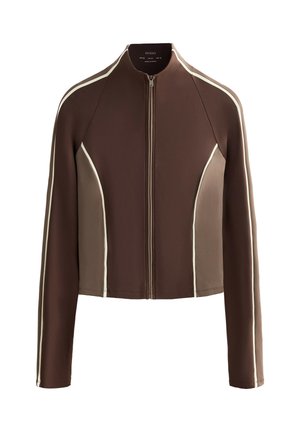 Brown athletic jacket with a zip front, long sleeves, and light beige side panels. Features contrasting stripes along the shoulders and zipper.