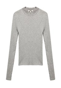 Grauer Langarmpullover mit ribbeliger Textur, verfügt über einen Rundhalsausschnitt und ein V-förmiges Designdetail entlang der Vorderseite und der Ärmel.