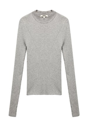 Grauer Langarmpullover mit ribbeliger Textur, verfügt über einen Rundhalsausschnitt und ein V-förmiges Designdetail entlang der Vorderseite und der Ärmel.