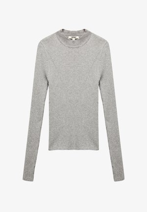 Grauer Langarmpullover mit ribbeliger Textur, verfügt über einen Rundhalsausschnitt und ein V-förmiges Designdetail entlang der Vorderseite und der Ärmel.