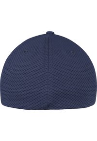 Navy blue cap made of textured mesh fabric. Features a rounded shape, single top button, and no visible branding or accents.