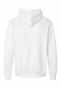 Sweatshirt à capuche blanche, en tissu doux, à manches longues, avec des poignets et un ourlet côtelés, design uni, présente une couture centrale au dos et une poche kangourou.