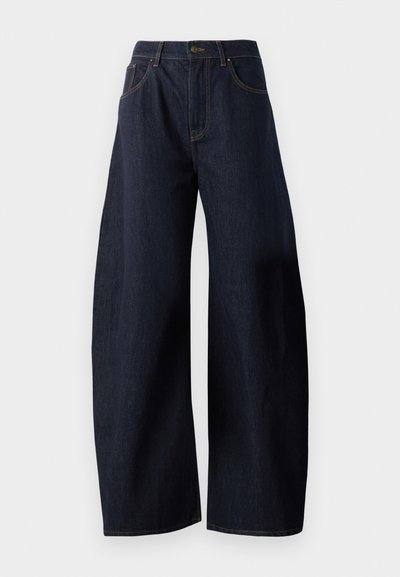 Tumedast sinised laiad denim teksad kõrge vöökoht, nähtava õmblusega ja traditsioonilise viie taskuga disain. Pehme tekstuur, klassikaline lõige.