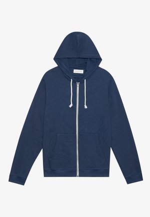 Navy blue zip-up hoodie with white drawstrings, front pockets, long sleeves, and a "Pier One" label inside the collar.