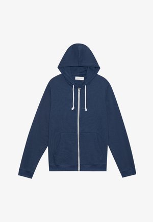 Mørkeblå zip-up hoodie med hvide snore, forlommer, lange ærmer, og et "Pier One"-mærke inde i kraven.