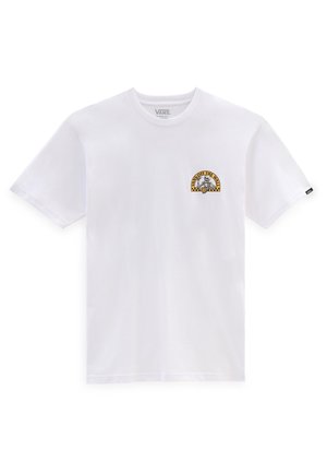 T-shirt blanc Vans à manches courtes avec petit logo "Vans Off The Wall" jaune et noir présentant un squelette sur la poitrine gauche.