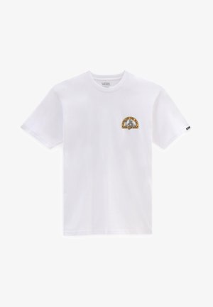 Biały t-shirt Vans z krótkim rękawem z małym żółto-czarnym logo "Vans Off The Wall" z przedstawieniem szkieletu na lewej piersi.