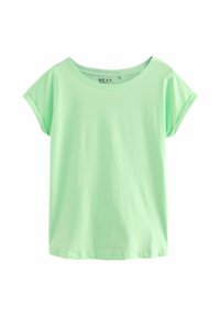 T-shirt verde chiaro a maniche corte realizzato in tessuto morbido. Presenta un colletto tondo e una vestibilità ampia e rilassata.