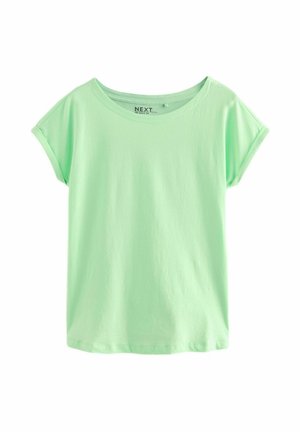 T-shirt verde chiaro a maniche corte realizzato in tessuto morbido. Presenta un colletto tondo e una vestibilità ampia e rilassata.