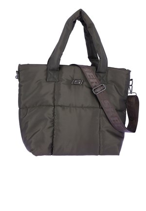 Schwarze gesteppte Tote-Tasche mit gepolsterten Griffen, verstellbarem Schulterriemen und kleinem „S“-Logo auf der Vorderseite.