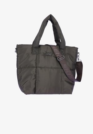 Schwarze gesteppte Tote-Tasche mit gepolsterten Griffen, verstellbarem Schulterriemen und kleinem „S“-Logo auf der Vorderseite.