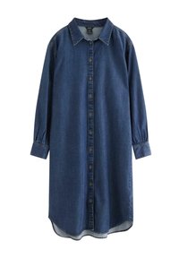 Denimskjortklänning i mörkblått med knäppning fram, krage, långa ärmar med knäppning vid ärmslut och en lätt rundad nederkant.