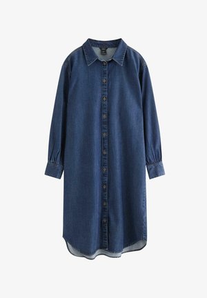 Denimskjortklänning i mörkblått med knäppning fram, krage, långa ärmar med knäppning vid ärmslut och en lätt rundad nederkant.