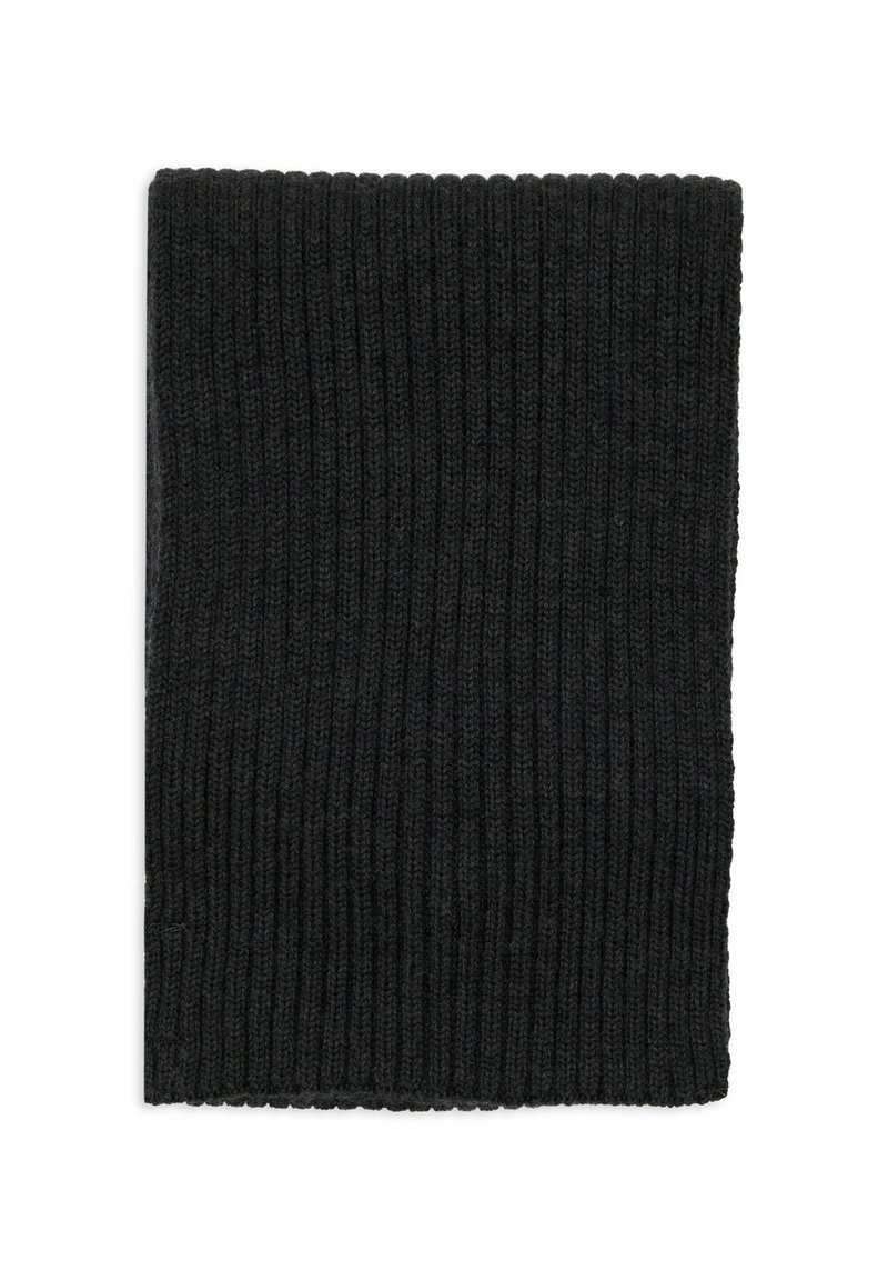 Collo nero lavorato a maglia con una texture a coste. Forma rettangolare, caratterizzata da punti stretti per calore e flessibilità. Adatto per il freddo.