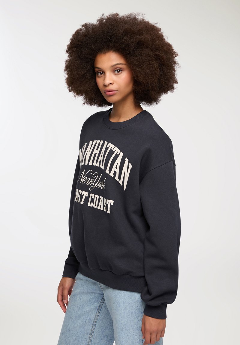 Felpa girocollo blu scuro con un grafico testuale bianco che recita "MANHATTAN New York EAST COAST," con polsini e orlo a costine.