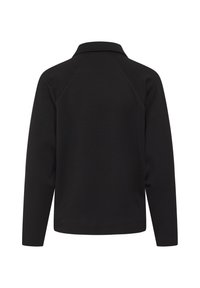 Giacca nera a maniche lunghe con colletto, vista da dietro su sfondo bianco.