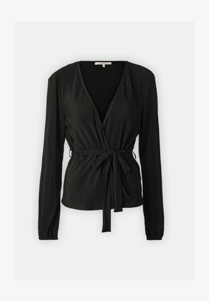 Blusa nera con scollatura a V profonda e maniche lunghe, caratterizzata da pieghe verticali e una vita regolabile con nodo. Texture liscia.