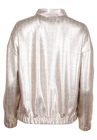 Metallisk silverfärgad pulloverjacka med en krinklad textur, avslappnad passform, krage och elastisk nederkant. Baksidan har en enkel design utan utsmyckningar.