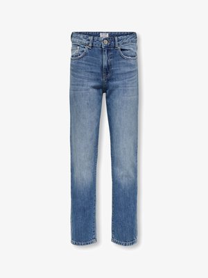 Gaiši zili džinsi ar taisnām kājām, piecu kabatu dizains un viegli izbalinātas vietas priekšpusē. Iespējo pogu aizdari.