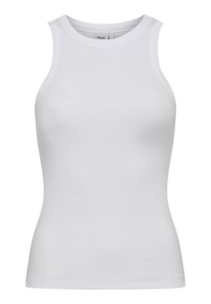 Débardeur blanc côtelé sans manches avec un col rond haut et une silhouette ajustée.