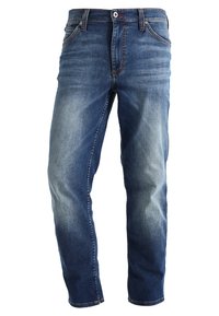 Jeans de mezclilla en azul oscuro con un ligero desgaste, cinco bolsillos, botón de latón y cierre de cremallera. Diseño de pierna recta, tela de algodón con detalles de costura.