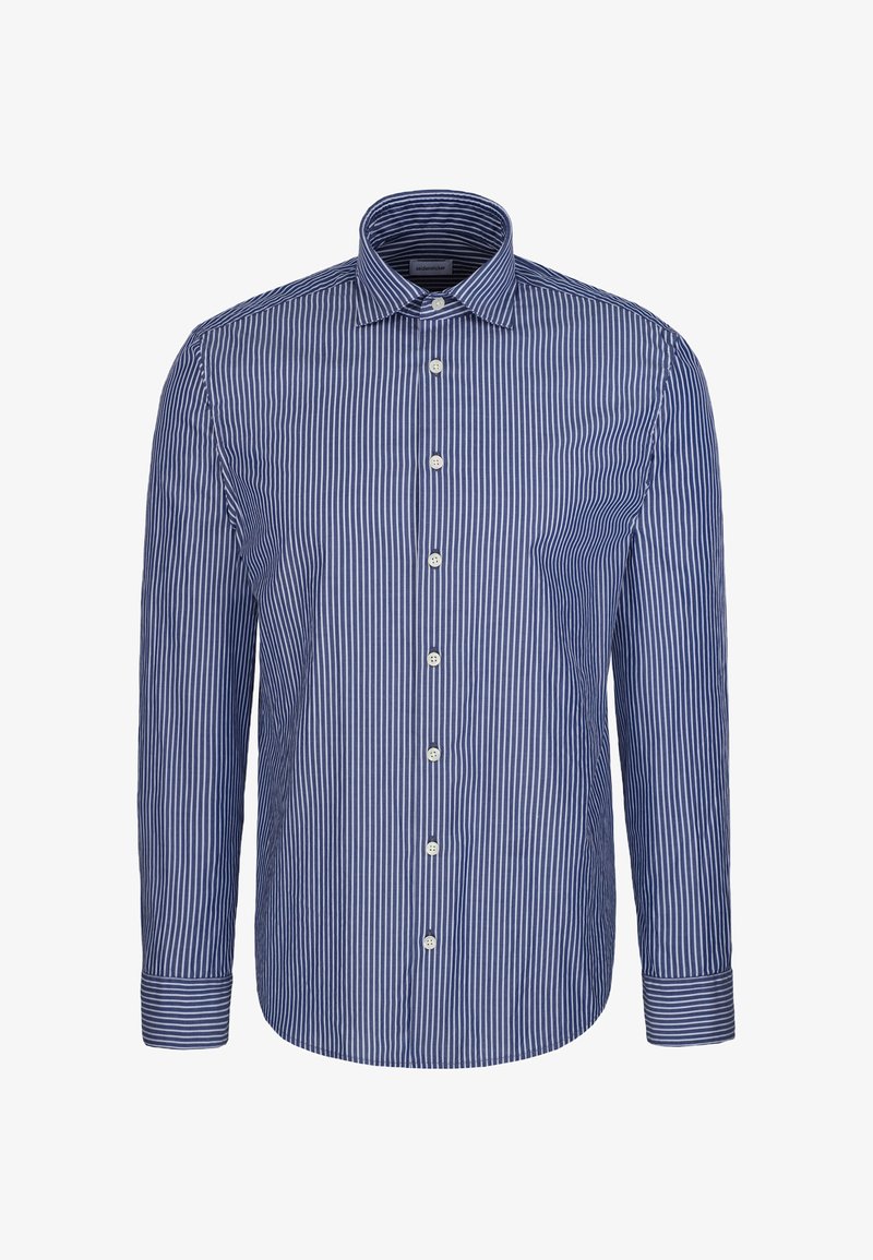 Chemise à rayures verticales bleues et blanches à manches longues, boutonnée, avec col classique et poignets boutonnés.