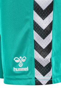 Turkosa träningsshorts med svart och vit chevronmönster, som har en ventilerande meshstruktur och Hummel-logotyp i vitt.