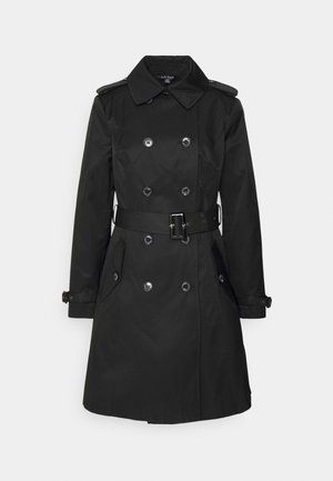 Trench-coat noir à double boutonnage avec ceinture, poignets boutonnés, épaulettes et poches avant, présenté sur fond blanc.