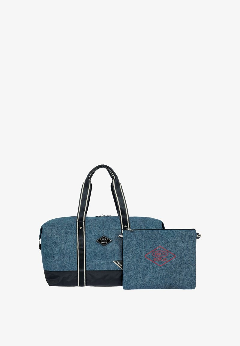 Sac polochon en tissu bleu avec fond noir et poignées rayées, accompagné d'une pochette assortie zippée avec logo rouge.