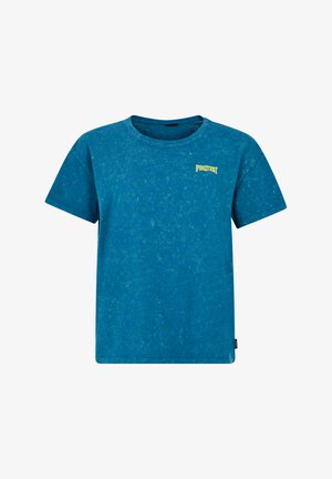 Turquoise katoenen t-shirt met een ronde hals, korte mouwen en een textuurafwerking. Heeft een gele "PROTEST" logo op de borst.