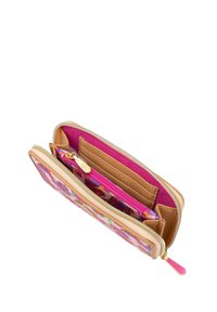 Ritsportemonnee in beige en roze, met bloemmotieven, meerdere kaartsleuven en een gestructureerde binnenkant. Inclusief gouden hardware accenten.