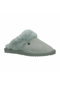 Grijze leren slipper met een pluizige, lichtblauwe bontkraag, ronde neus en een platte rubberen zool met een gestructureerd profiel voor grip.