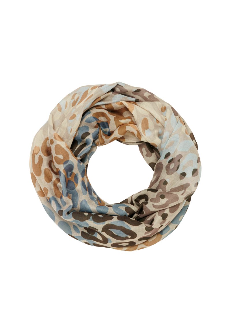 Leopard print infinity scarf in beige, blue, and brown tones, made of lightweight fabric, featuring soft texture and fluid drape.
