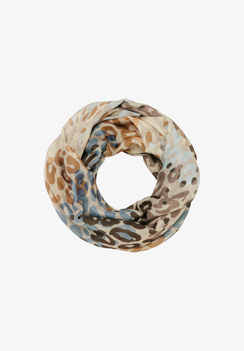 Leopard print infinity scarf in beige, blue, and brown tones, made of lightweight fabric, featuring soft texture and fluid drape.