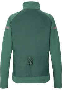 Grön lättviktig jacka med hög krage, dragsko i fållen och reflexdetaljer på axlarna. Har en jämn, texturerad tyg.