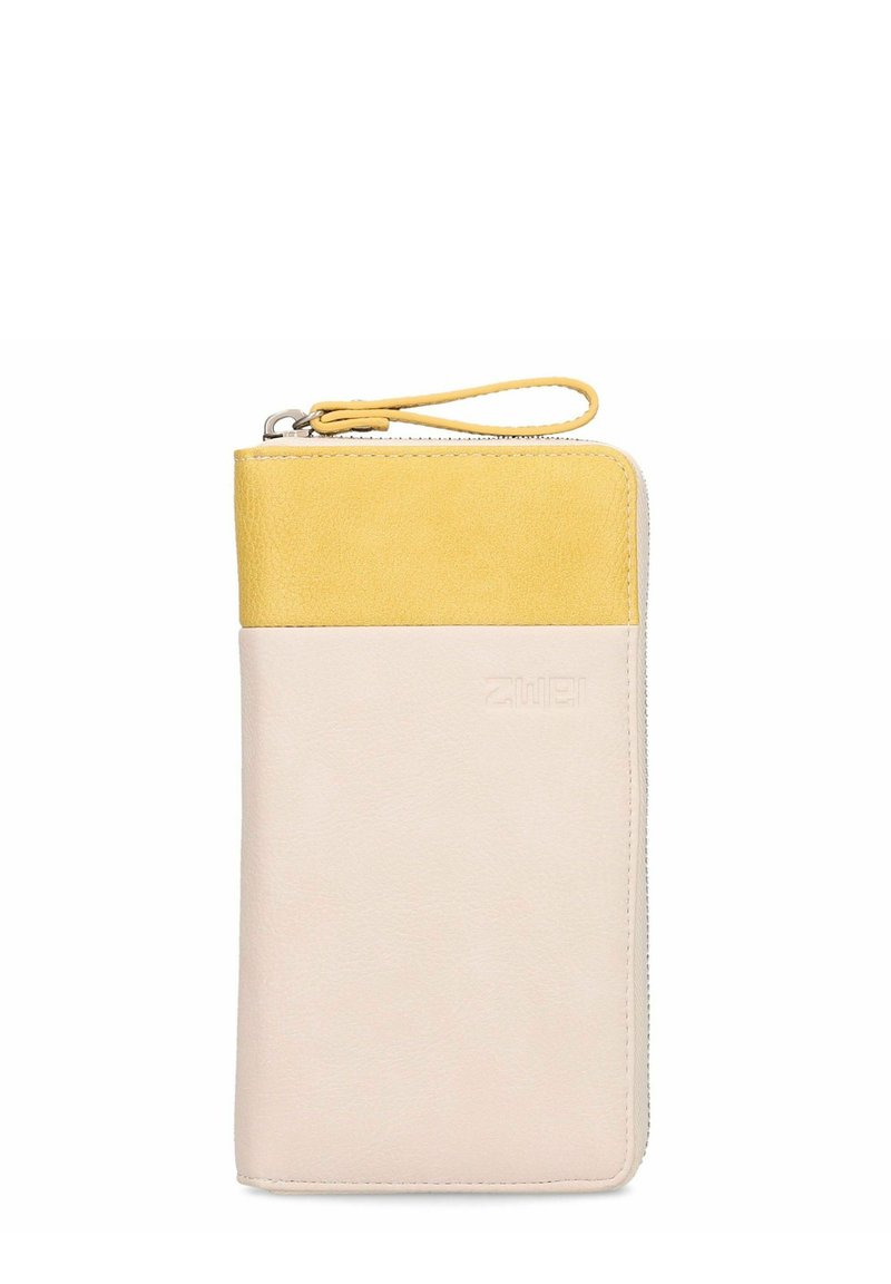 Rechthoekige pols portemonnee met een beige onderste sectie en een gele bovenband, ritssluiting en een gele polsband.
