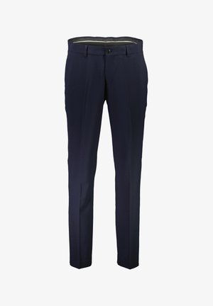 Navy dress pants made of a smooth fabric, featuring a straight fit, two front pockets, a zipper fly, and a single button closure.