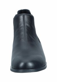 Schwarze Leder-Ankle-Boots mit glatter Textur, runder Zehenpartie und niedrigem Absatz, gestaltet mit minimaler Naht und seitlichen elastischen Akzenten.