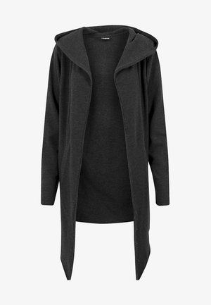 Long black cardigan with a hood, made of soft fabric, features an open front, long sleeves, and a smooth texture. No closures or patterns.