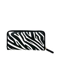Portafoglio in stampa zebratica con ecopelle nera e bianca testurizzata, forma rettangolare e zip laterale. Presenta un tirante per zip decorativo.