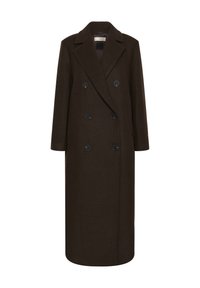 Manteau double boutonnage en laine marron avec de gros boutons noirs, revers crantés et poches latérales. Silhouette longue et droite avec une coupe ajustée.