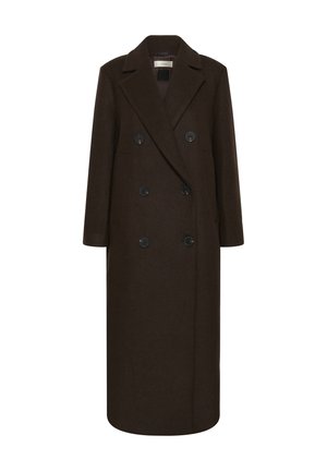 Manteau double boutonnage en laine marron avec de gros boutons noirs, revers crantés et poches latérales. Silhouette longue et droite avec une coupe ajustée.