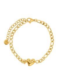 Bracciale color oro con design a doppia catena, un charm a forma di cuore liscio e chiusura a moschettone. Include un piccolo tag con marchio.