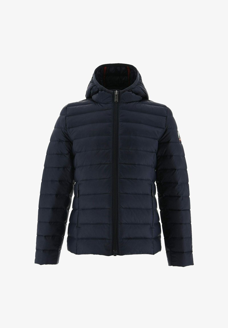 Marineblauwe gewatteerde jas met capuchon, met een horizontaal gestikte textuur, een rits aan de voorkant en een logo-detail op de linker mouw.