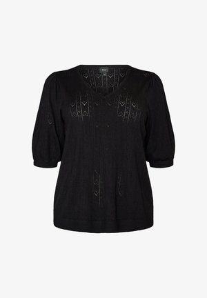 Zizzi, KURZÄRMELIGE BLUSE AUS STRICK MIT POINTELLE-MUSTER - T-shirts print - schwarz