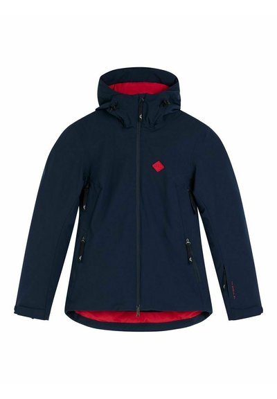 Casaco azul marinho com interior vermelho. Apresenta capuz, fecho à frente e bolsos laterais. Feito de material leve e resistente às intempéries.