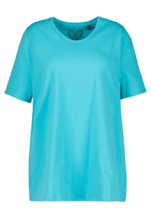 Turquoise t-shirt met korte mouwen van zachte stof, met een ronde hals en een relaxte pasvorm. Eenvoudig, effen kleur zonder patronen of accenten.